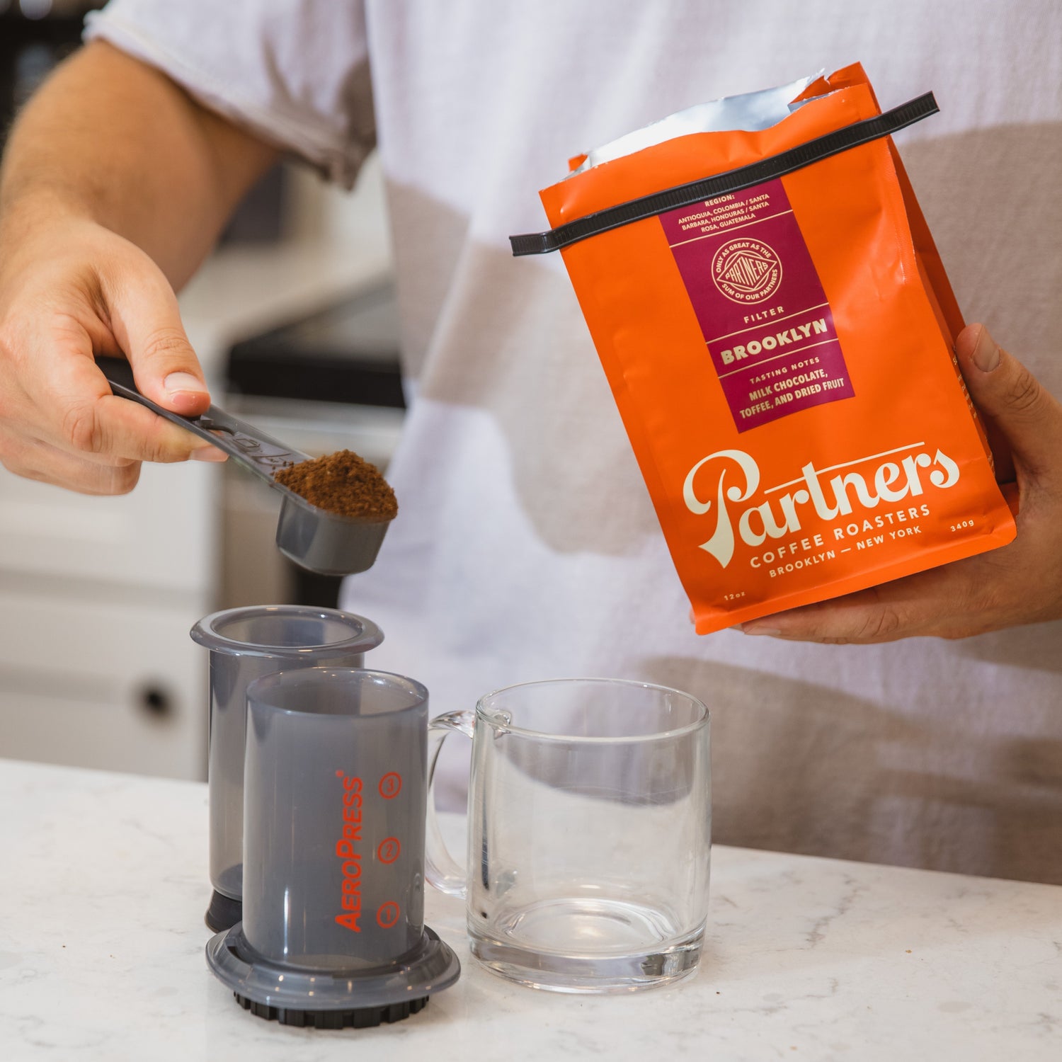 Partners Coffee Brooklyn blend being made in an Aeropress manual brewer